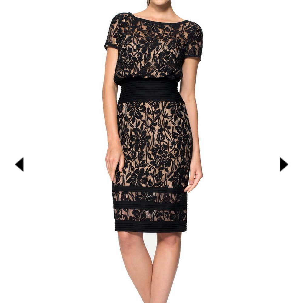 Tadashi Shoji Black Waist embroidered lace, Short Sleeve Sheath Dress